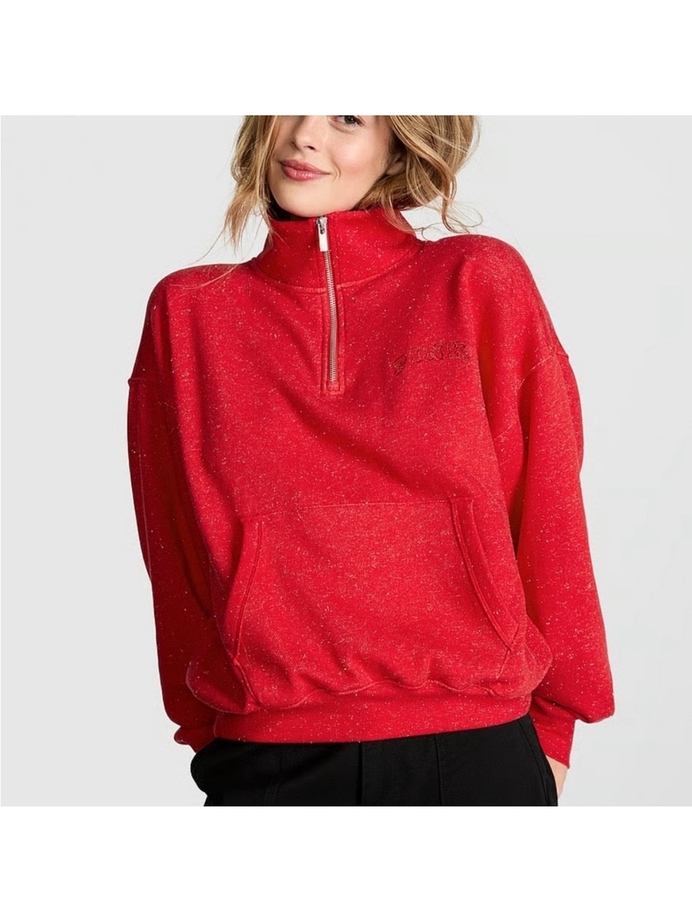 PINK Victoria's Secret Red Glitter SET Quarter Zip Top & Joggers Medium
